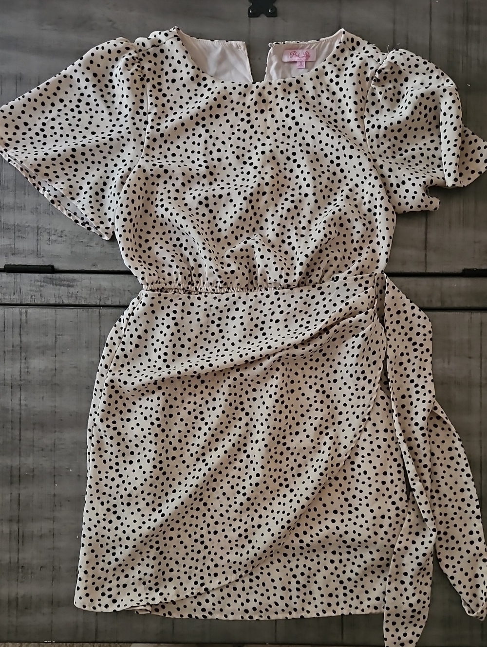 Pink Lily Beige Mini Dress with Black Polka Dots